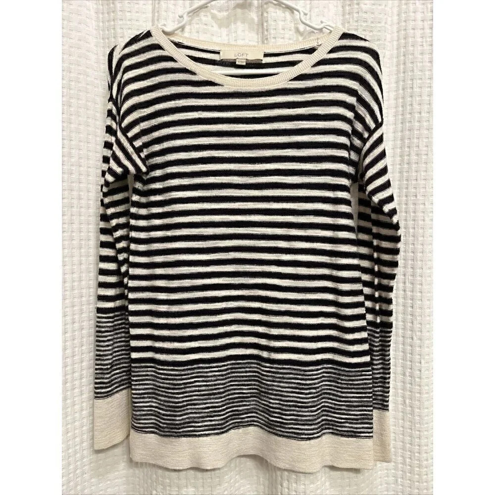 Ann Taylor Sweater Womens XS Stripe Black Wheat Cotton/Viscose K11